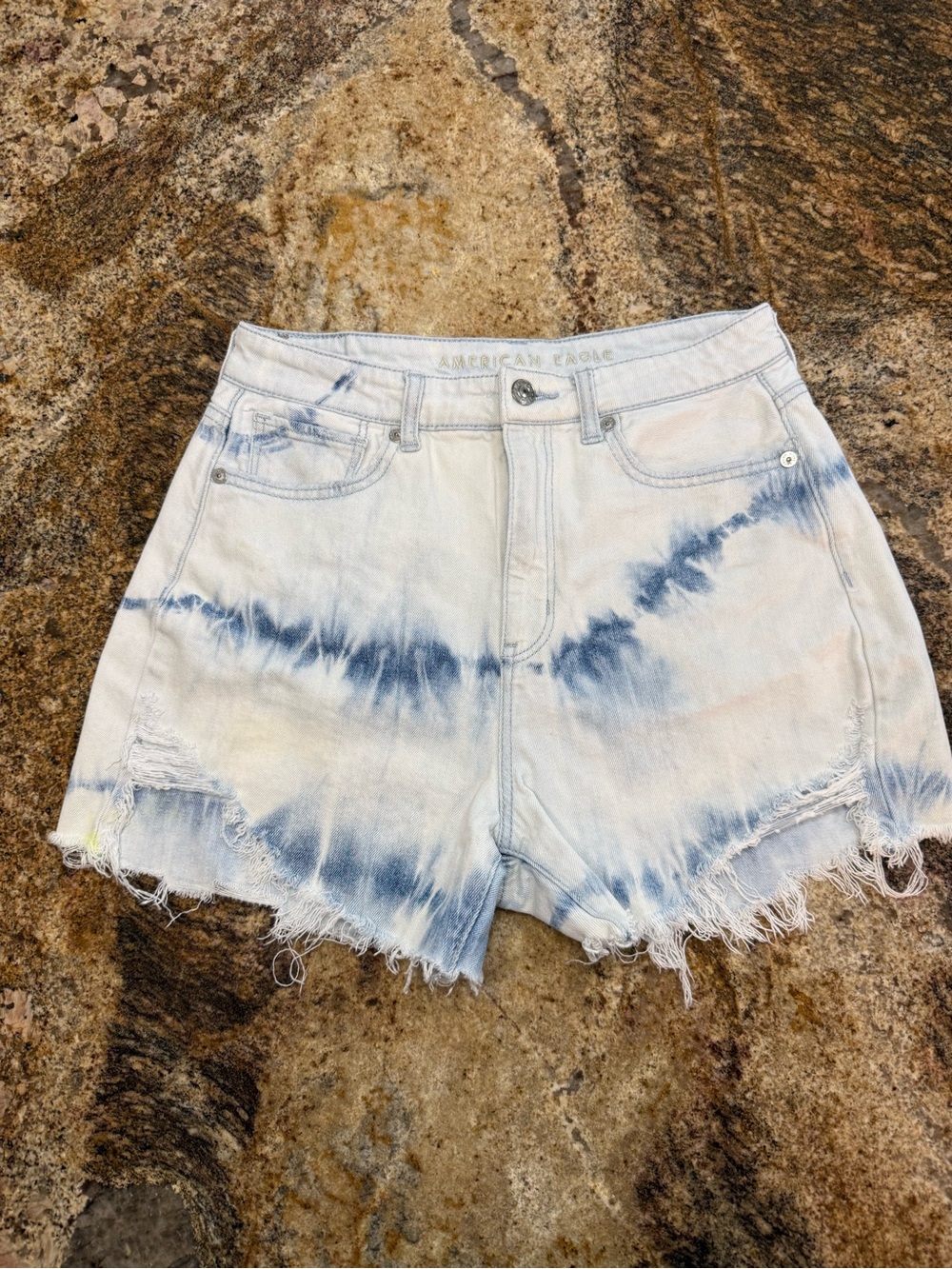 American Eagle Outfitters Blue and White Tie-Dye Denim Highest Rise Mom Shorts